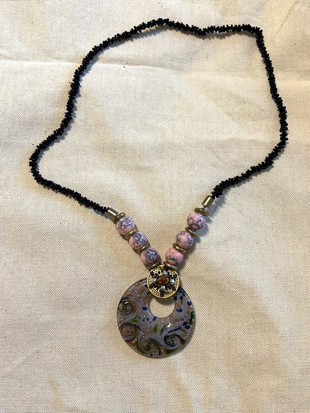 black and lilac purple beaded glass pendant necklace